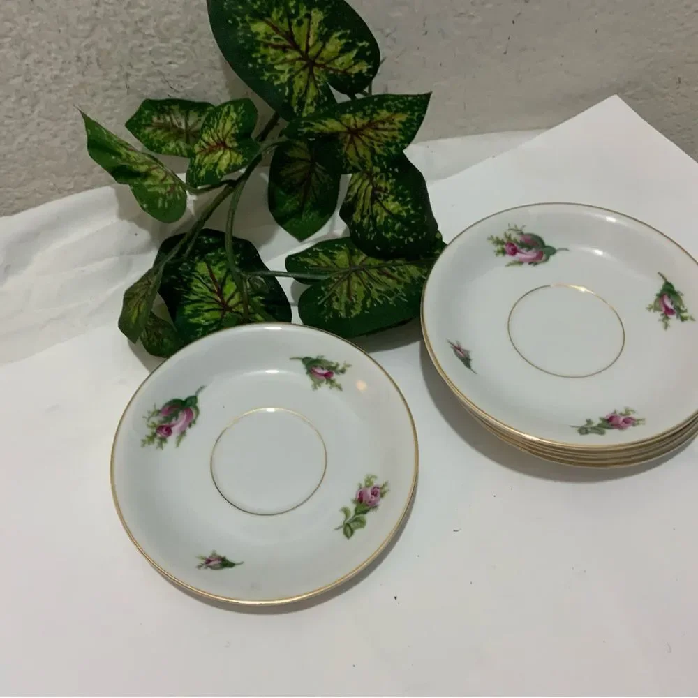 Set of 6 Vintage KYOTO China ROSEVERTE 7312 Saucers Pink Roses Gold Japan K1